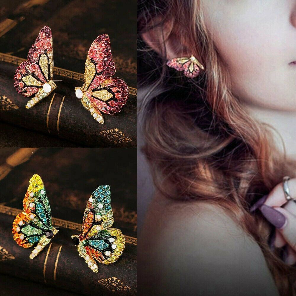 Colorful Sparkling BUTTERFLY Earrings NEW Red Pink Rhinestones Pierced Stud - Picture 9 of 9